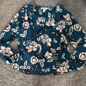 White House Black Market Teal Floral Wrap Blouse